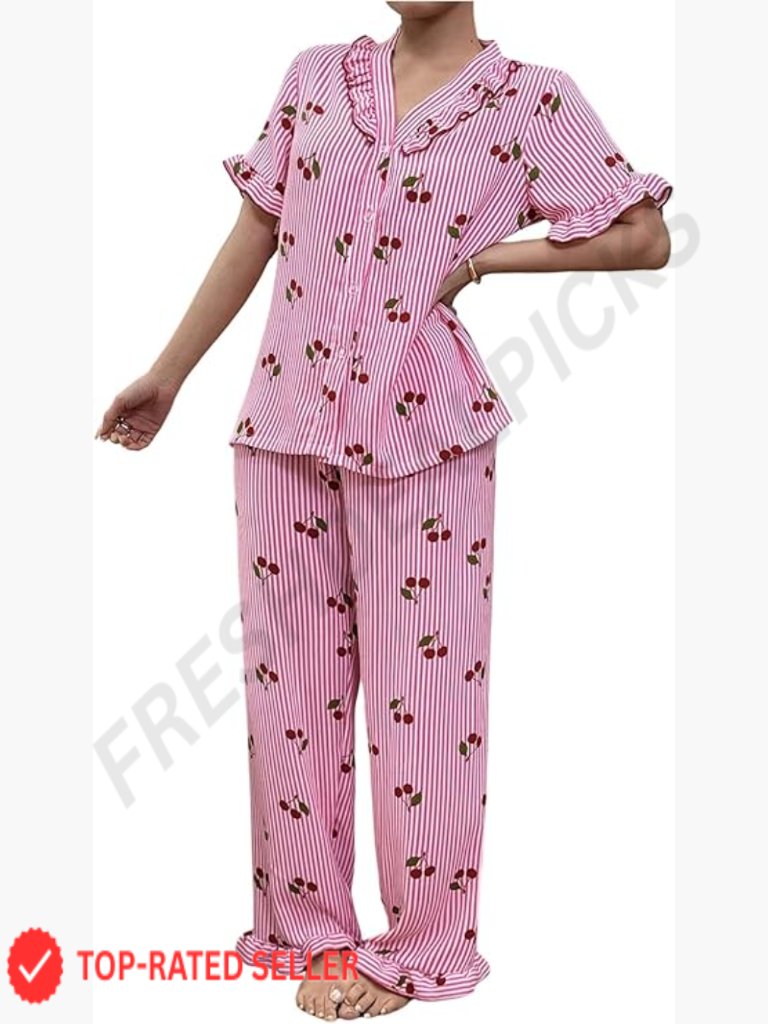 Cherry Print Striped 2 Piece Pajama Set Long Sleeve Button Down Pants Pjs
